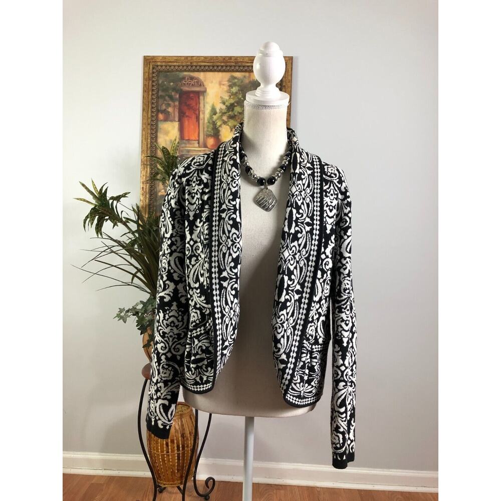 Style&co. Cardigan Womens Small Black White Floral Knit Long Sleeve Open Front
